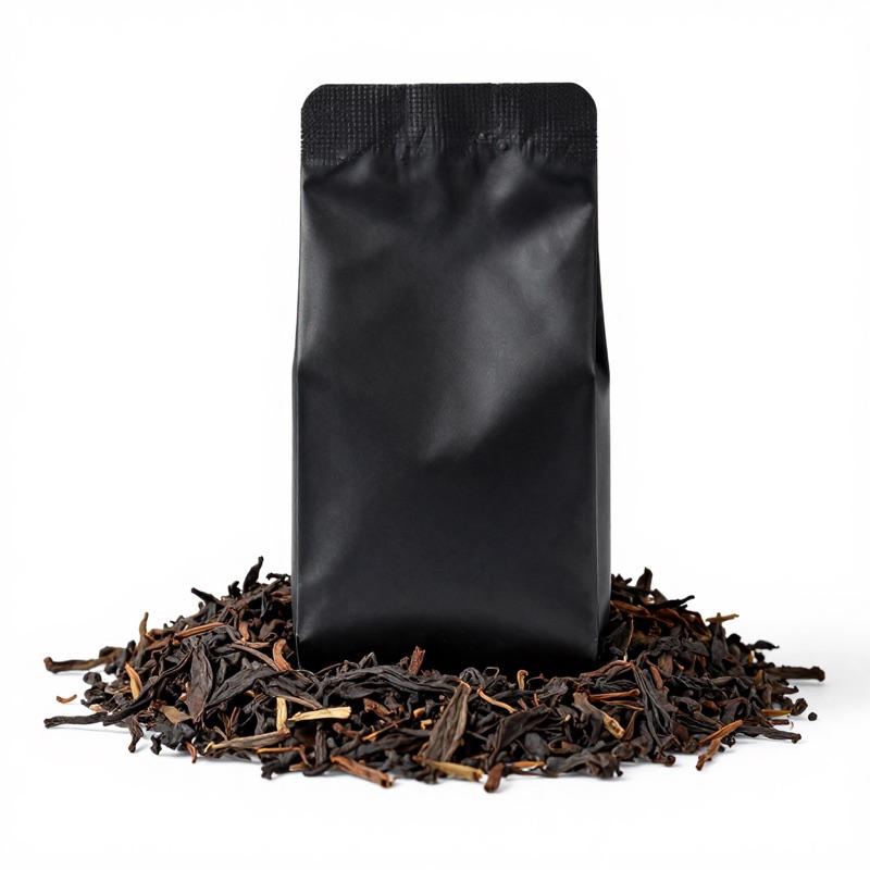 Classic black private-label tea pouch on loose black tea
