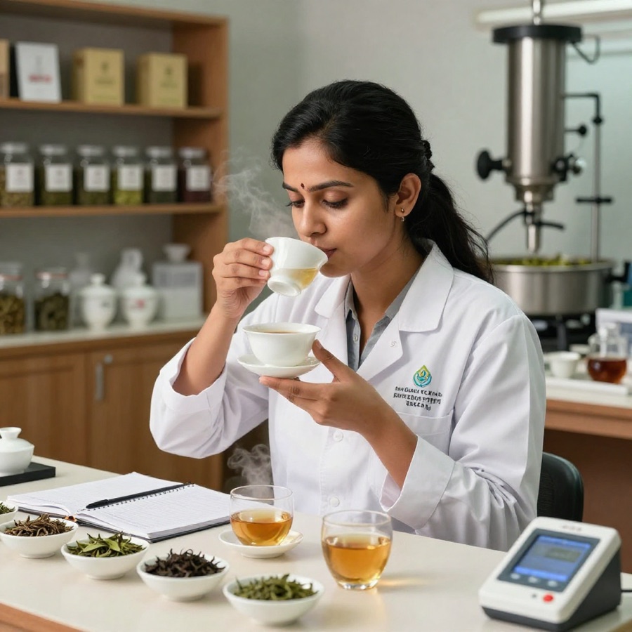A KKV Tea & Coffee taster cupping and grading tea in the lab