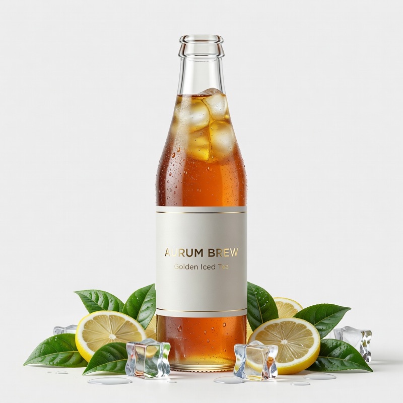 Ready-to-drink iced tea bottle with lemon and ice