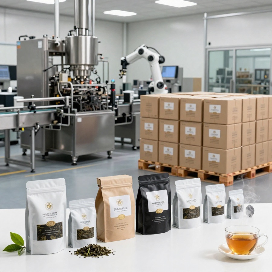 Automated tea-packing line with pallets of finished cartons